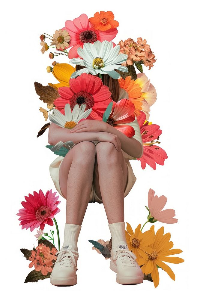 Girl sitting flower footwear pattern.
