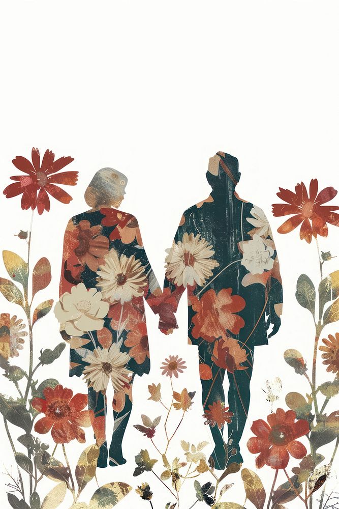 Elder couple holding hand pattern flower painting.