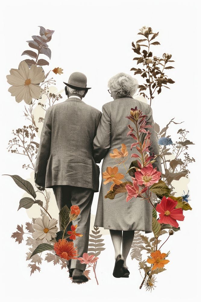 Elder couple walking flower pattern collage.