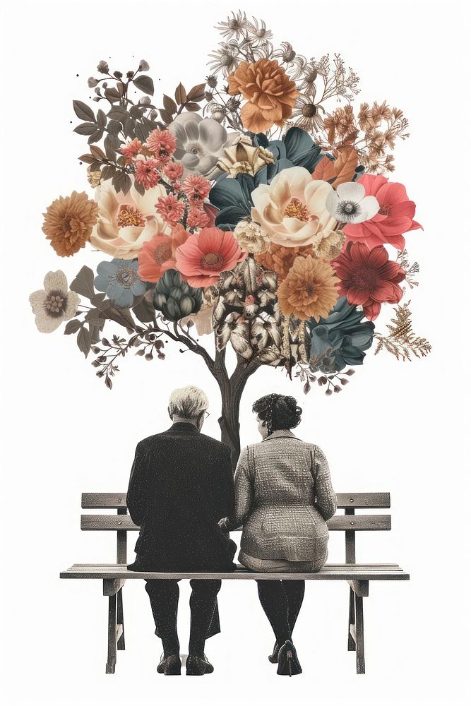 Elder couple sitting on bench flower pattern adult.