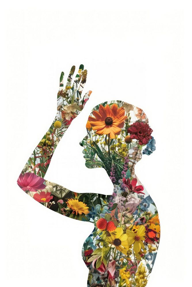 Collage woman raising hand flower pattern collage.