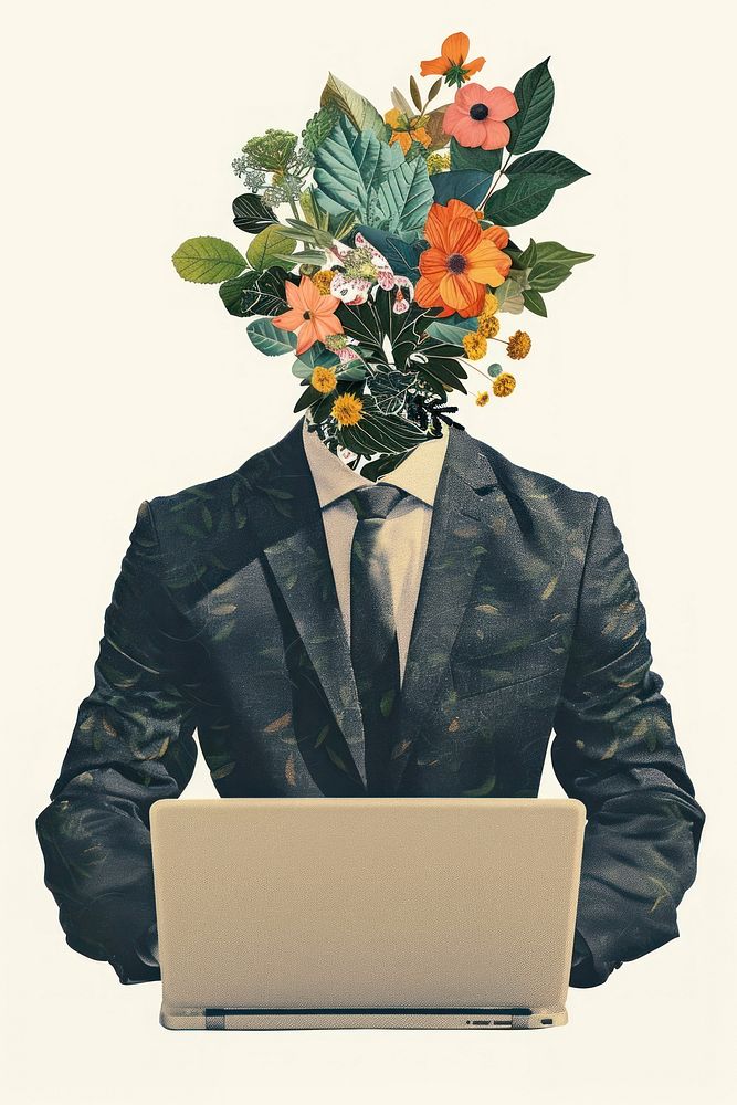 Flower Collage Businessman working flower computer portrait.