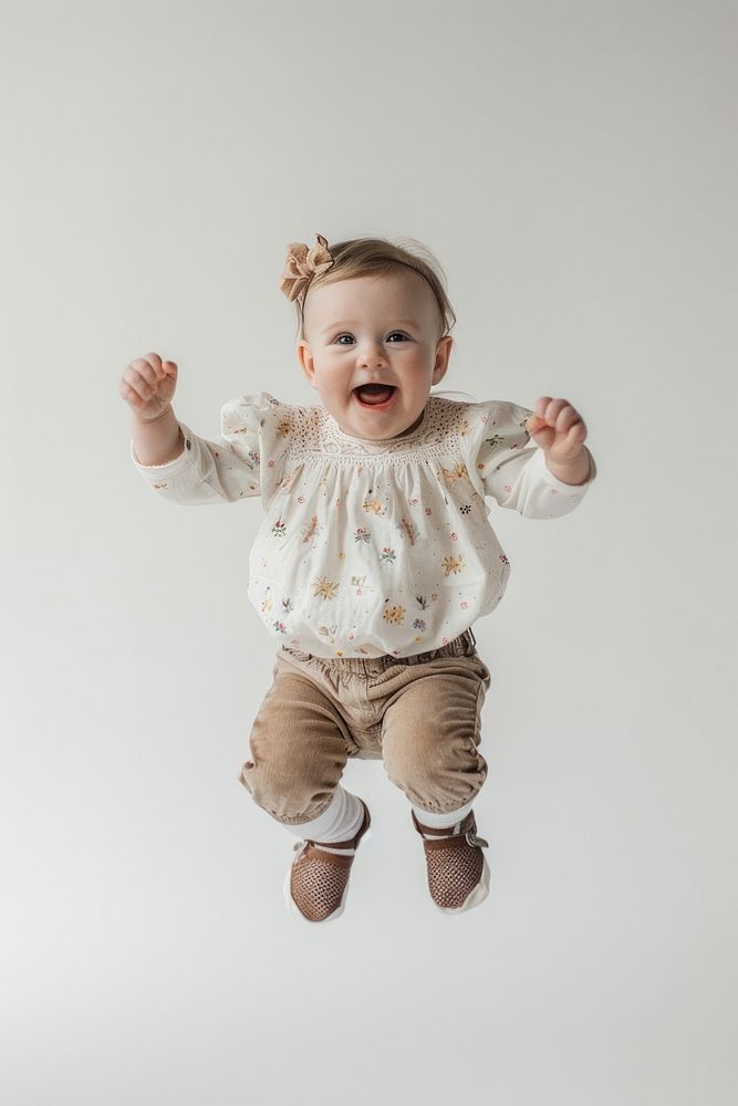 Baby girl jumping portrait happy photo.
