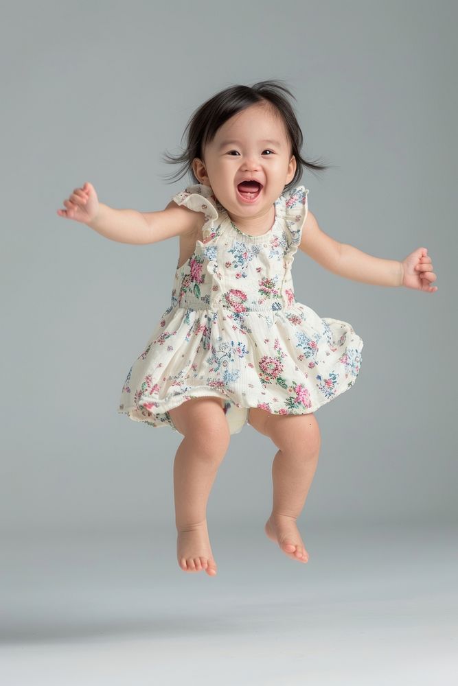 Baby girl jumping portrait dress photo.