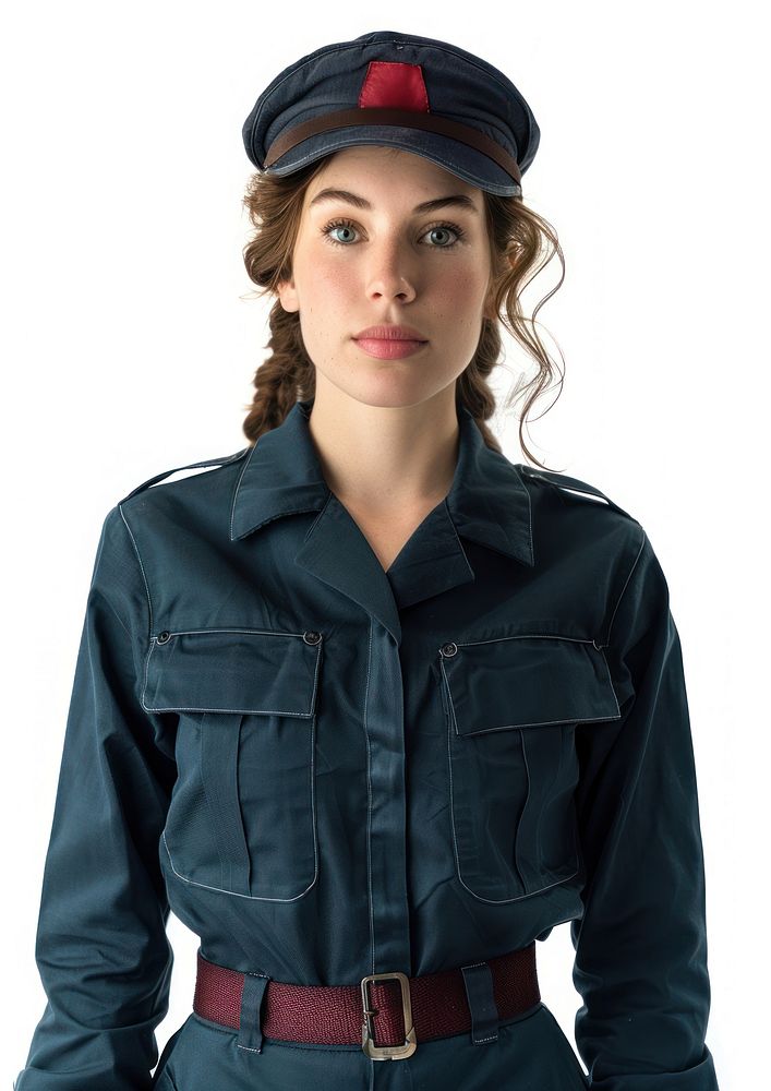 Common woman wearing random career uniforms portrait military jacket.