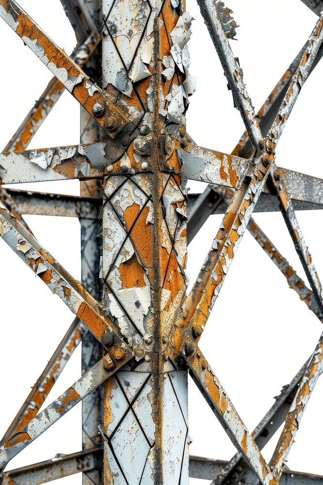 Cutout of a metallic telecom tower backgrounds rust white background.