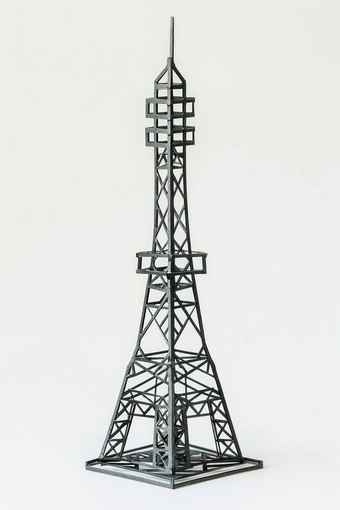 Cutout of a metallic telecom tower architecture building white background.