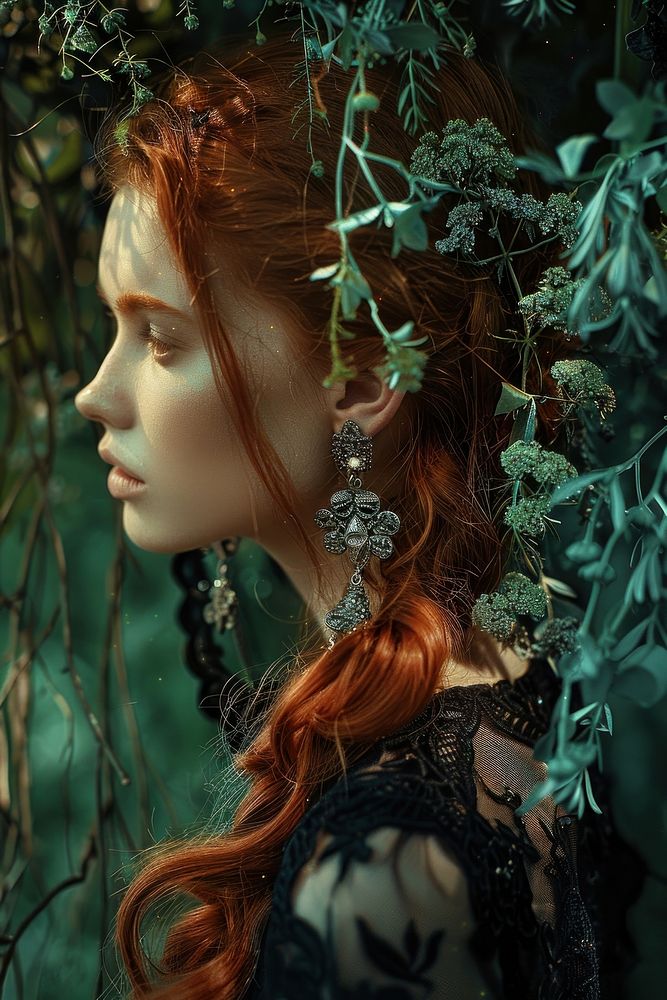 Photography of earrings portrait fantasy contemplation.