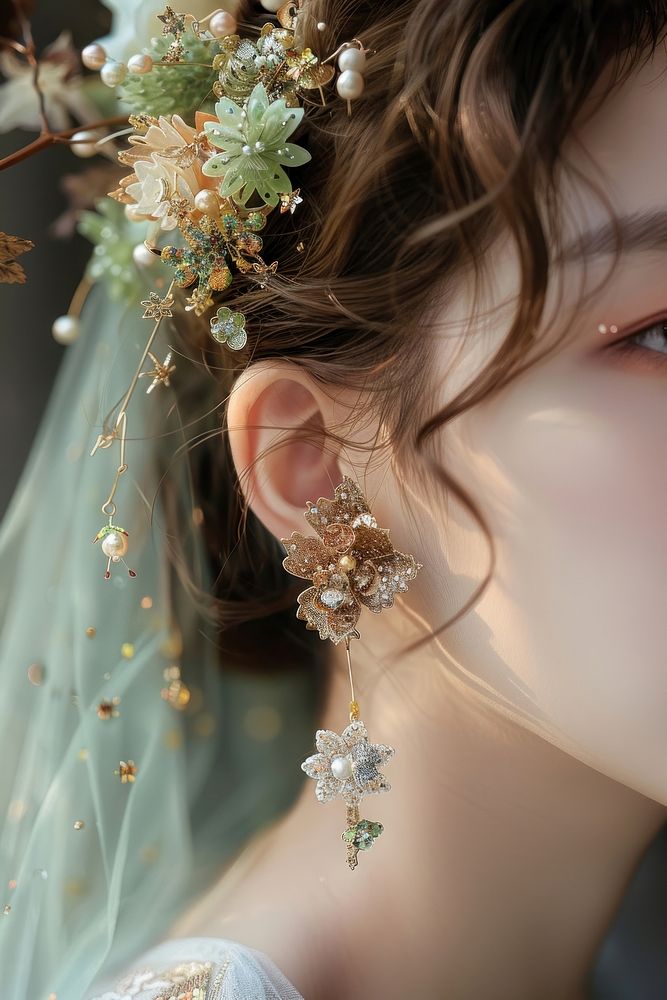 Photography of earrings portrait jewelry wedding.