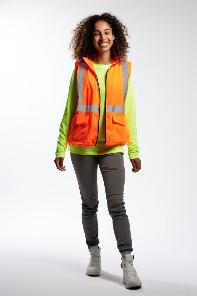 Girl volunteering charity wearing reflective vest sleeve jacket white background.