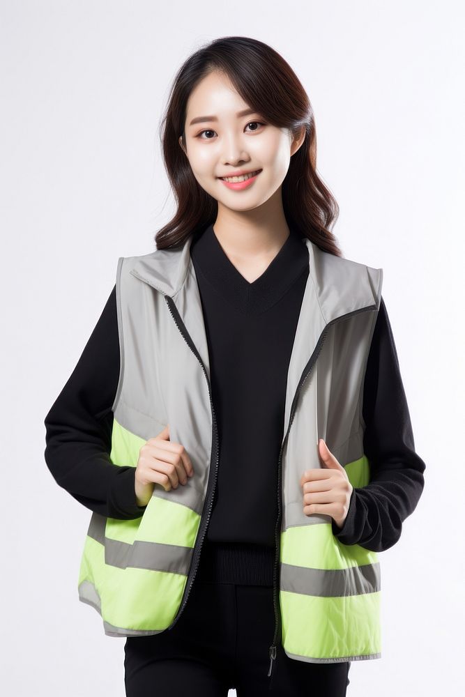 Full body Korean girl volunteering charity wearing reflective vest photography portrait sleeve.