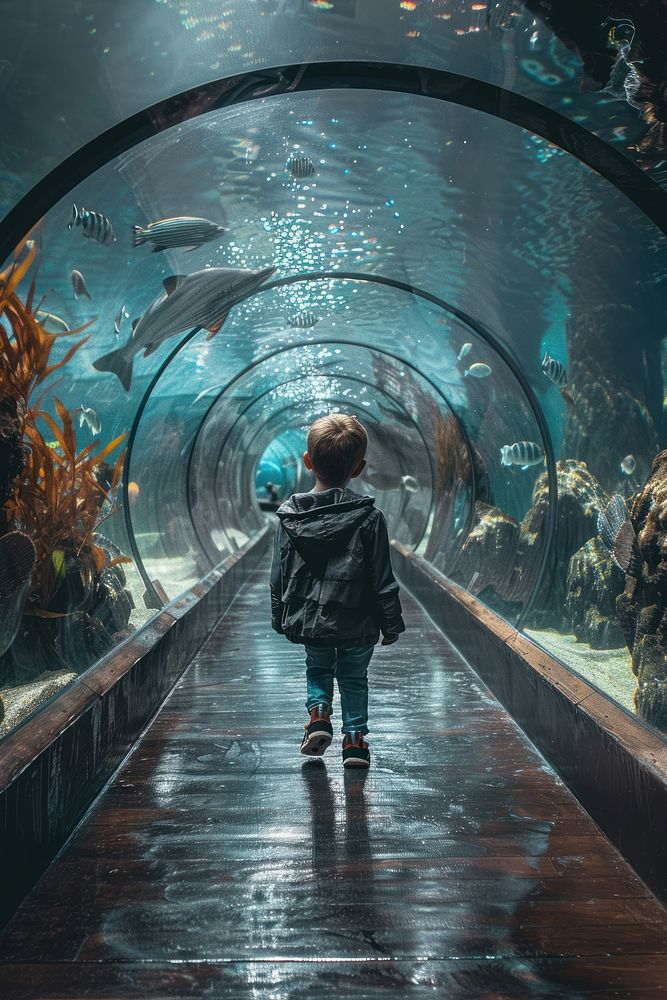 Kid explorer tunnel in aquarium outdoors nature fish.