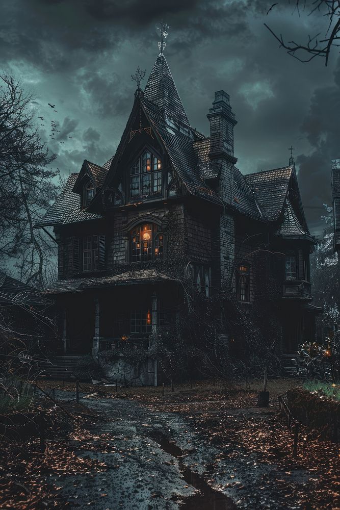 Photography of haunted house architecture building illuminated.