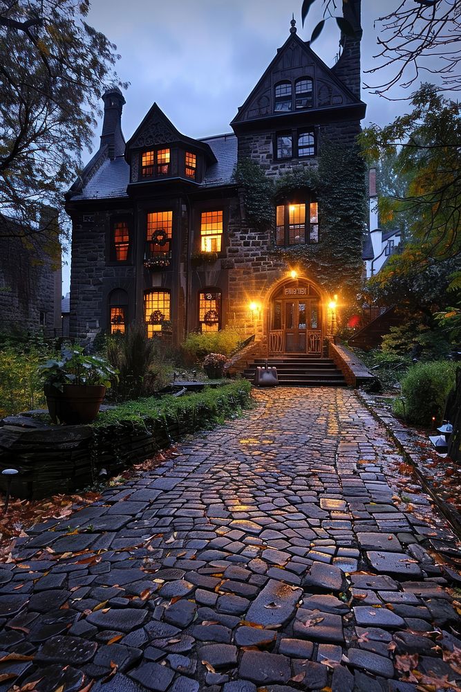 Photography of haunted house architecture cobblestone building.