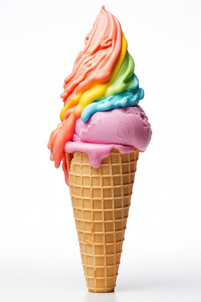 Ice cream cone rainbow flavor dessert food white background.