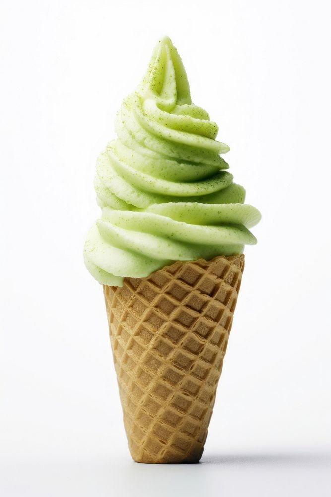 Matcha green tea Ice cream cone dessert food white background.