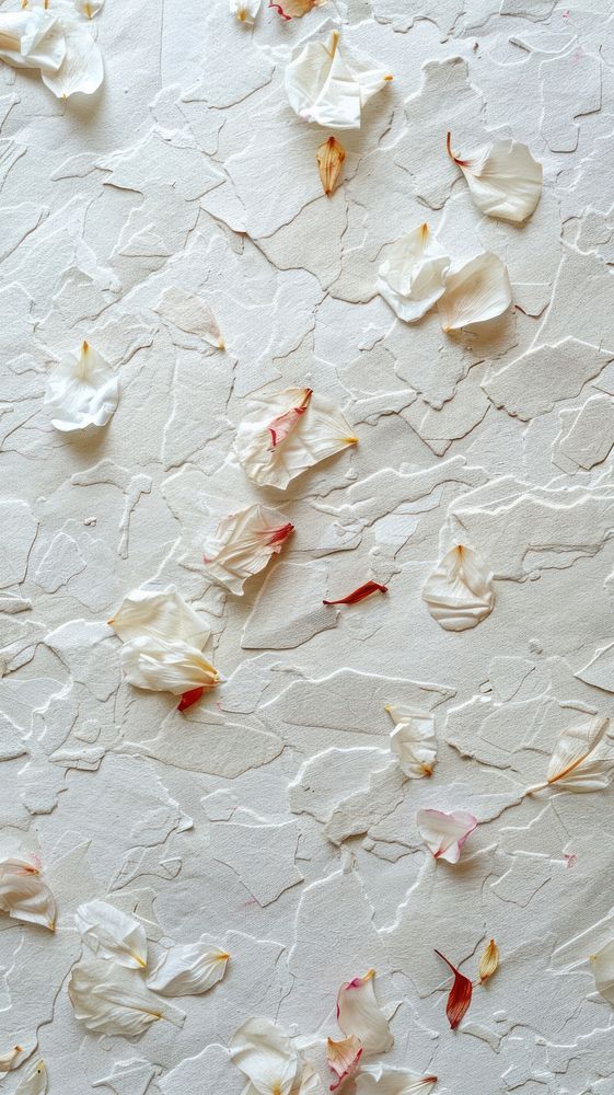 White mulberry paper with flower petals filled textured backgrounds fragility abstract.