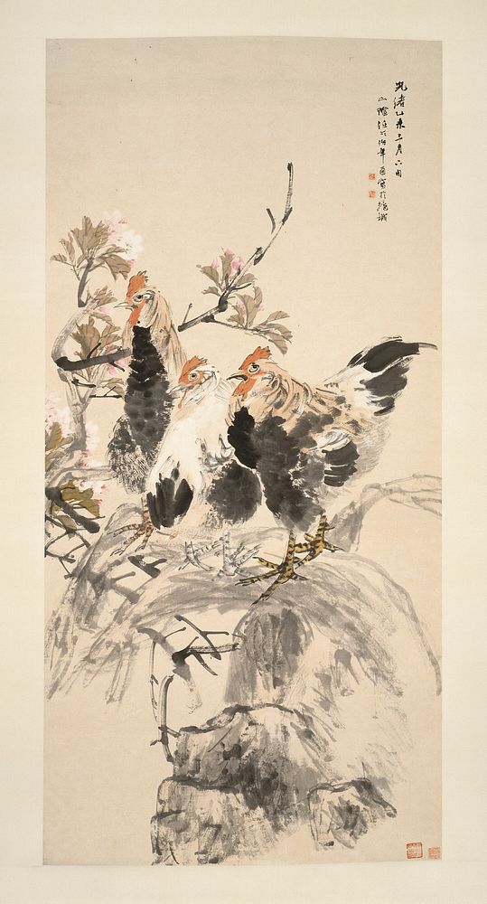 Roosters and Blossoming Apricots 雄鸡图 by Ren Yi