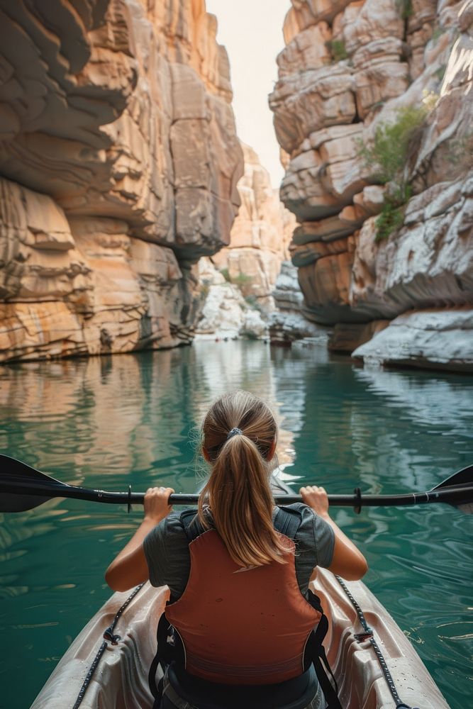 Kayaking woman water rock.