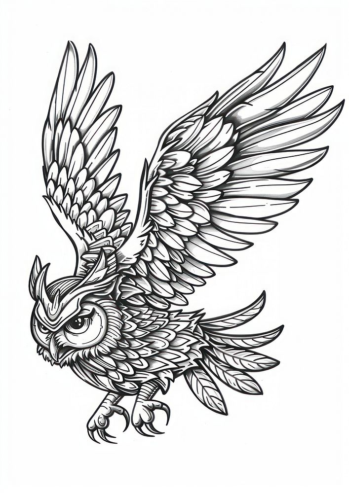 Owl flying illustrated drawing sketch.