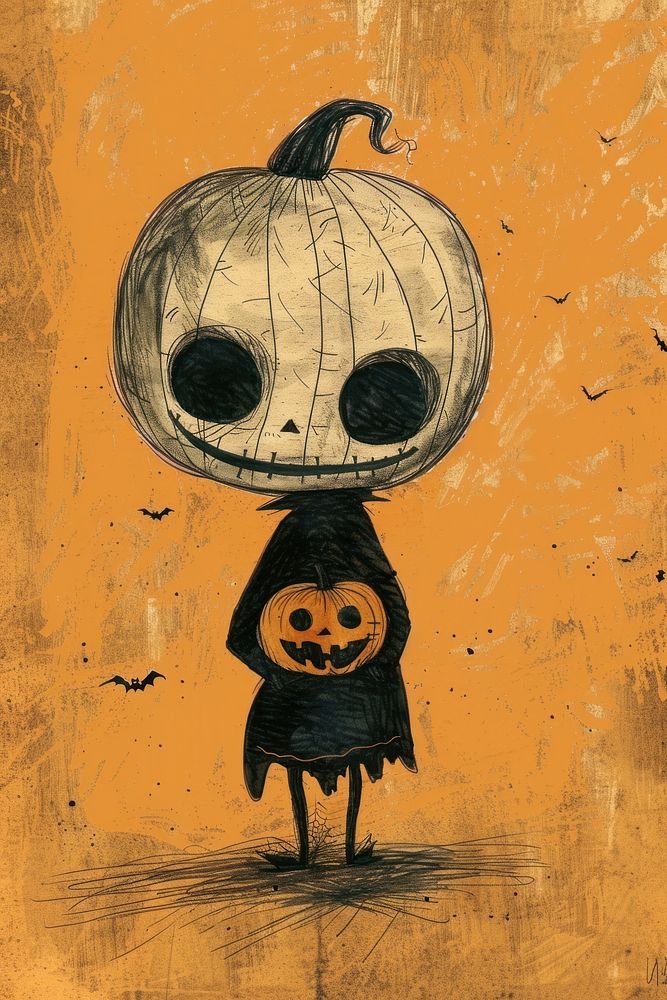 Kid holding halloween pumpkin illustrated festival drawing.