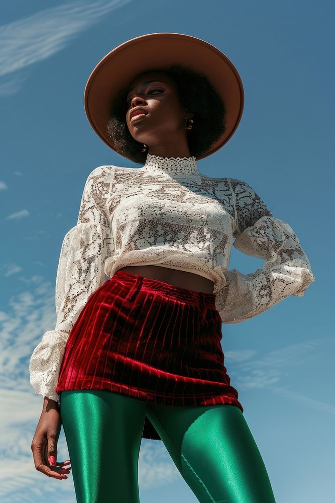 African American woman blouse skirt hat.