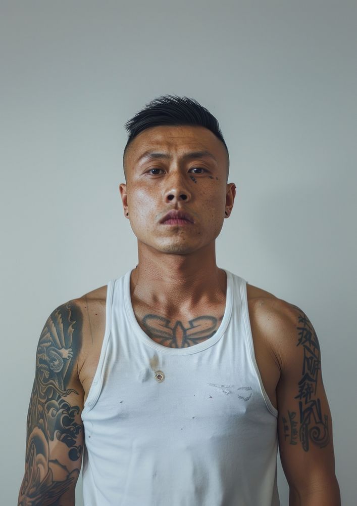 Chinese Male Tattoo Face Shoulder. 