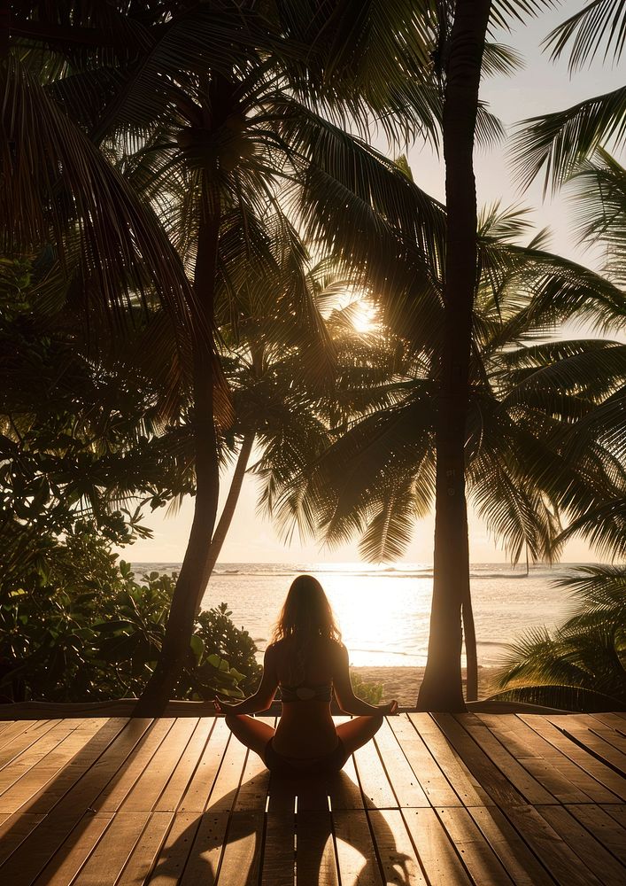 Woman meditating yoga vacation exercise.