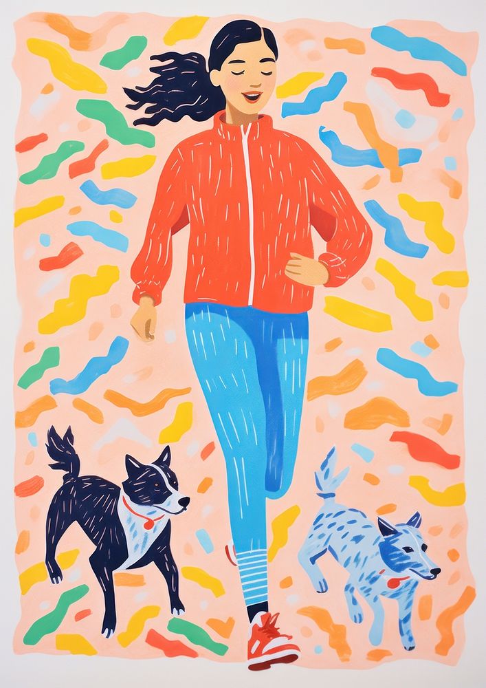 Woman jogging with a dog painting drawing mammal.
