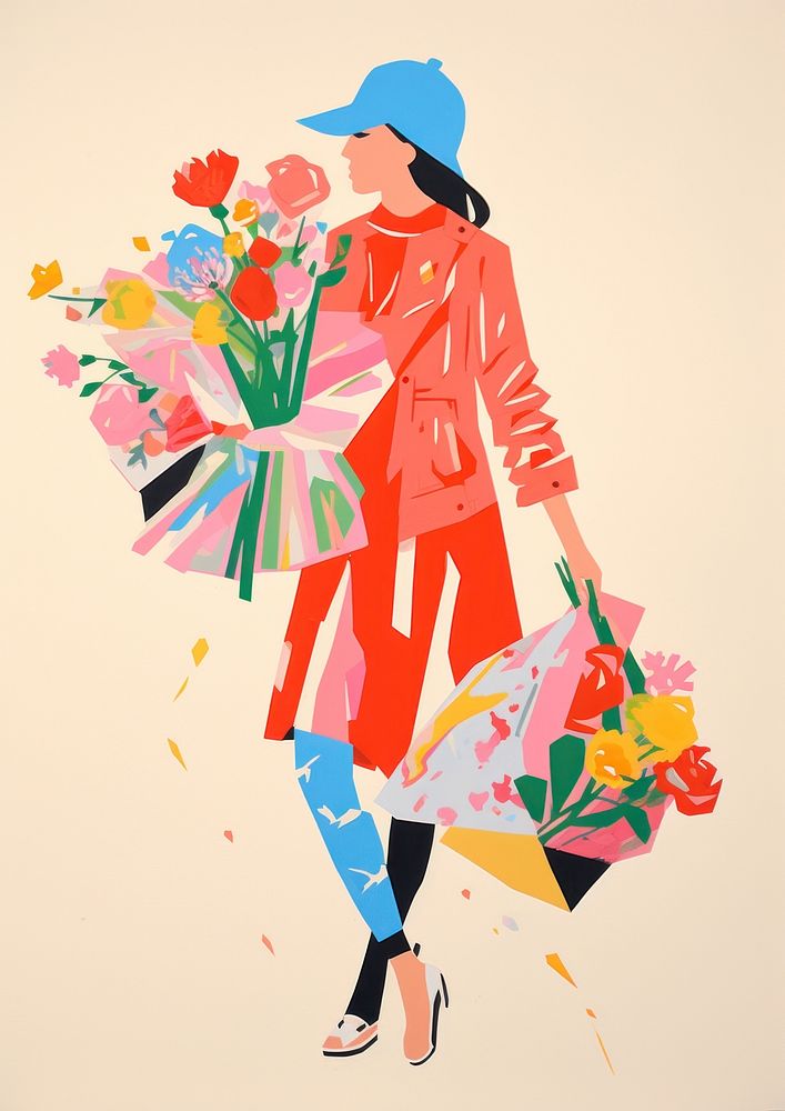 A woman holding a bouquet of flowers adult bag art.