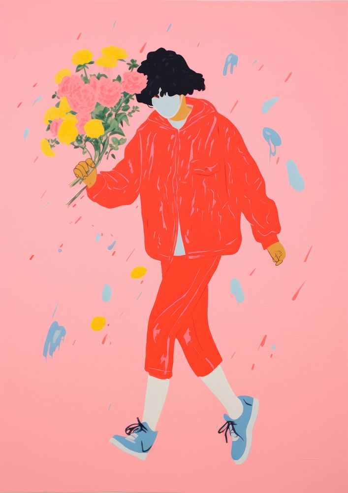 A woman holding a bouquet of flowers painting footwear drawing.