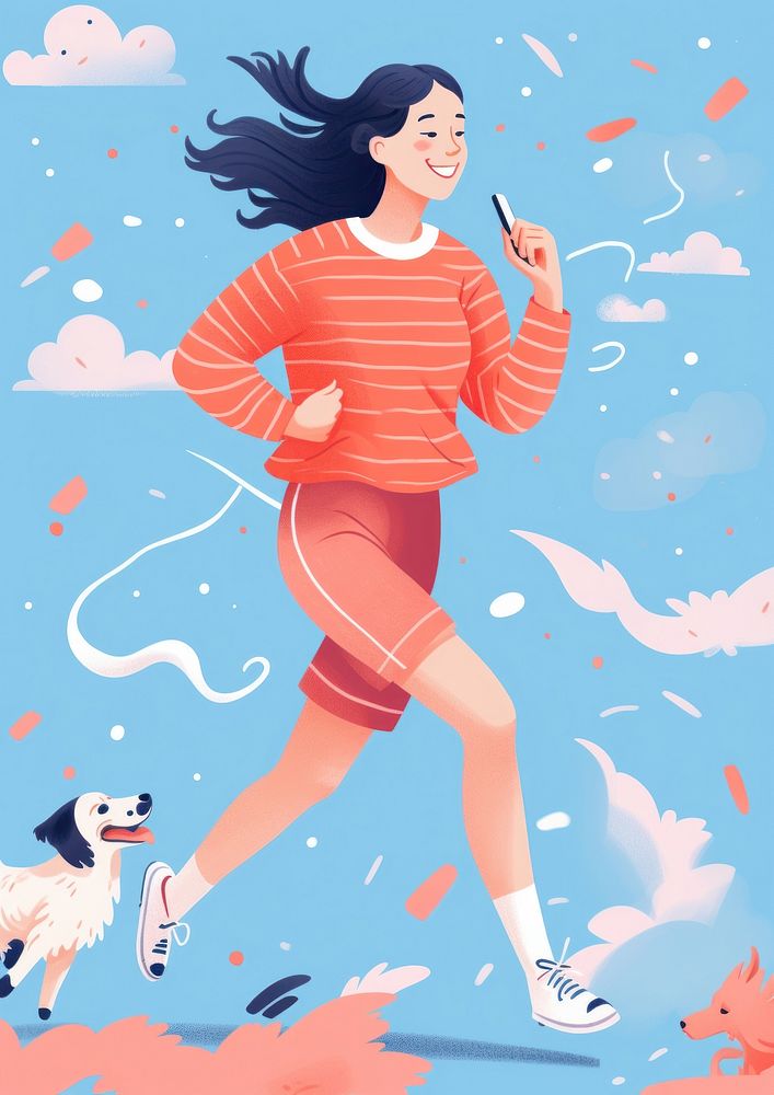Woman jogging with a dog adult illustrated happiness.