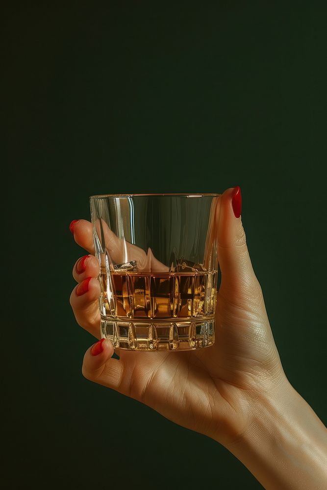 Woman hand with red nail hold a glass of whisky drink refreshment drinkware.