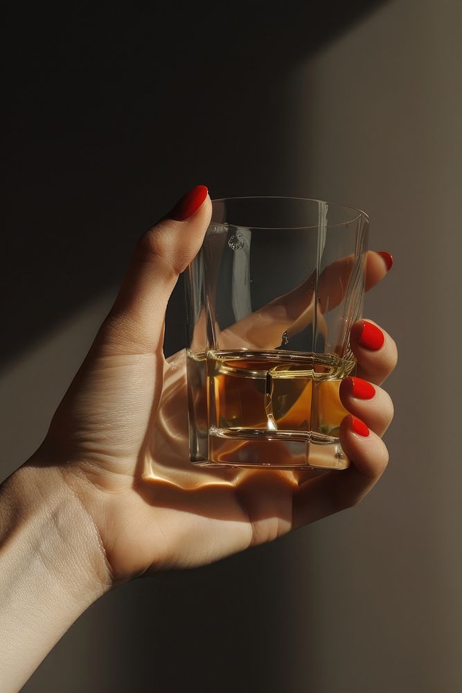 Woman hand with red nail hold a glass of whisky finger drink refreshment.
