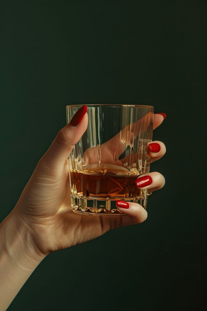 Woman hand with red nail hold a glass of whisky finger drink refreshment.