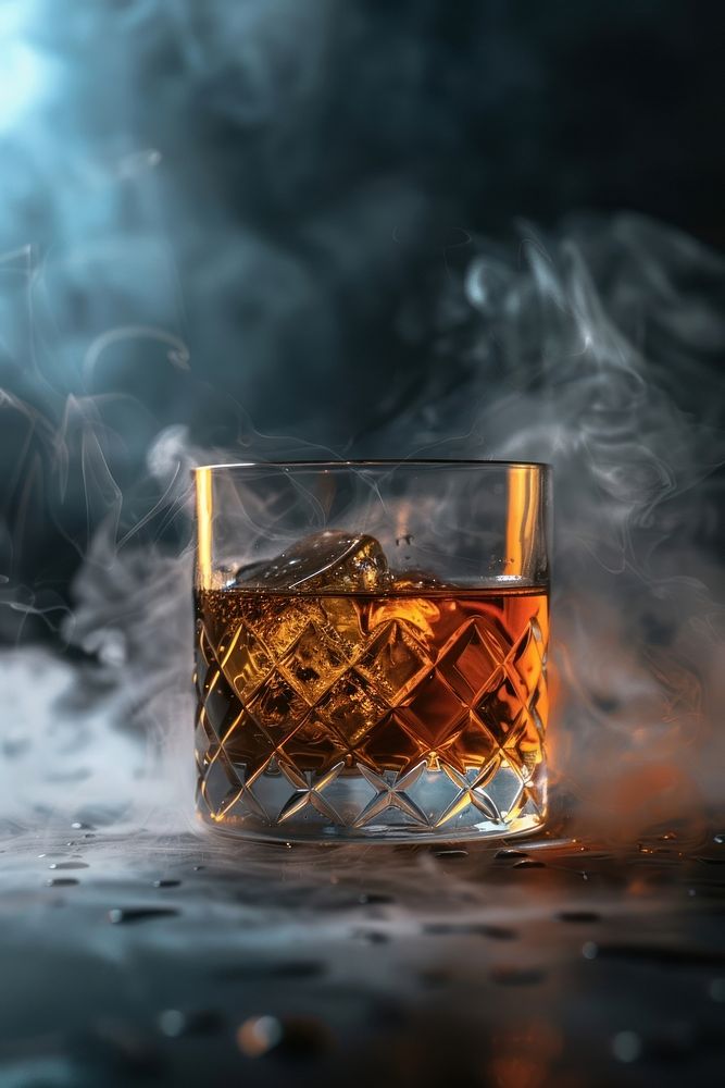 1 glass of smoked whisky drink refreshment cigarette.