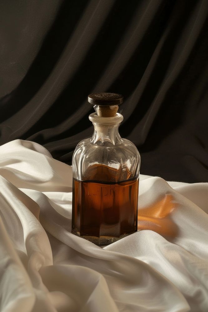 Vintage whisky bottle on white fabric perfume black black background.