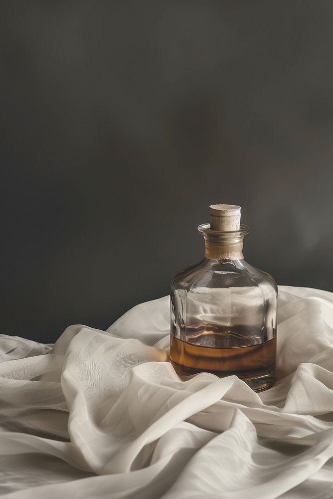Vintage whisky bottle on white fabric perfume drink refreshment.