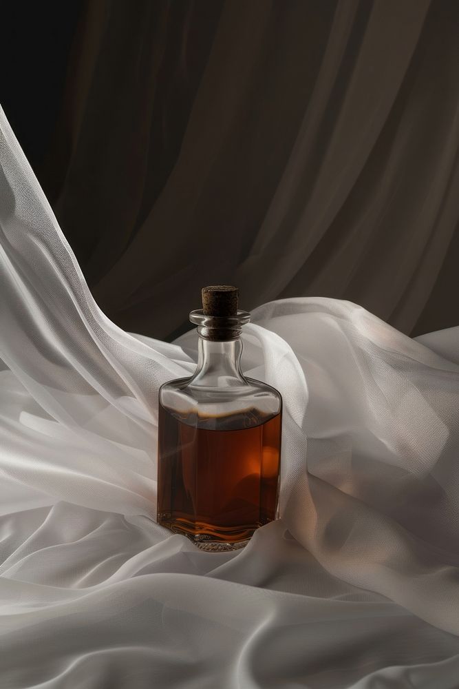 Vintage whisky bottle on white fabric perfume drink black.