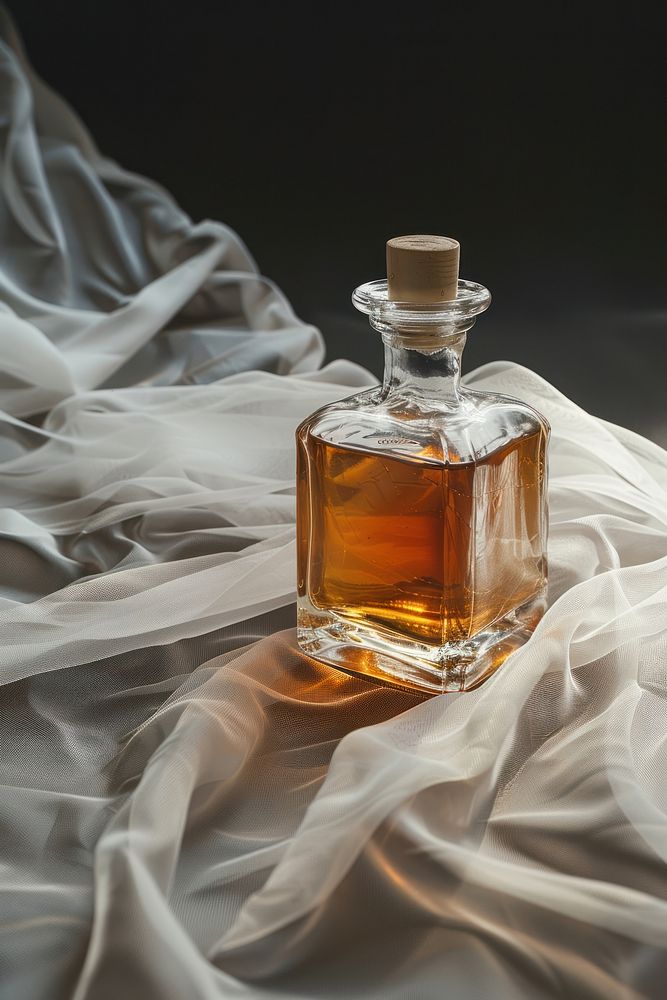 Vintage whisky bottle on white fabric perfume black background refreshment.