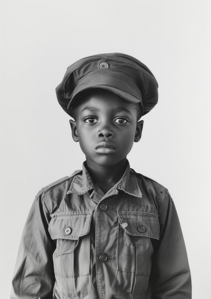 A black kid wearing solider unifrom photography portrait military.