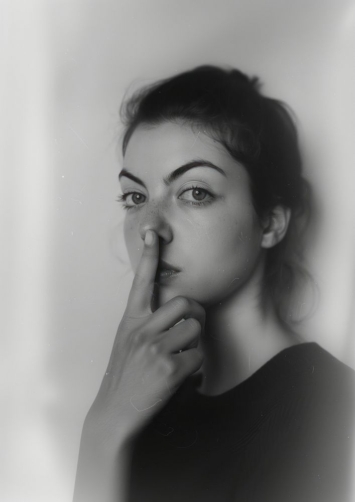 A woman put her finger in front of her mouth as a symbol of silence photography portrait person.