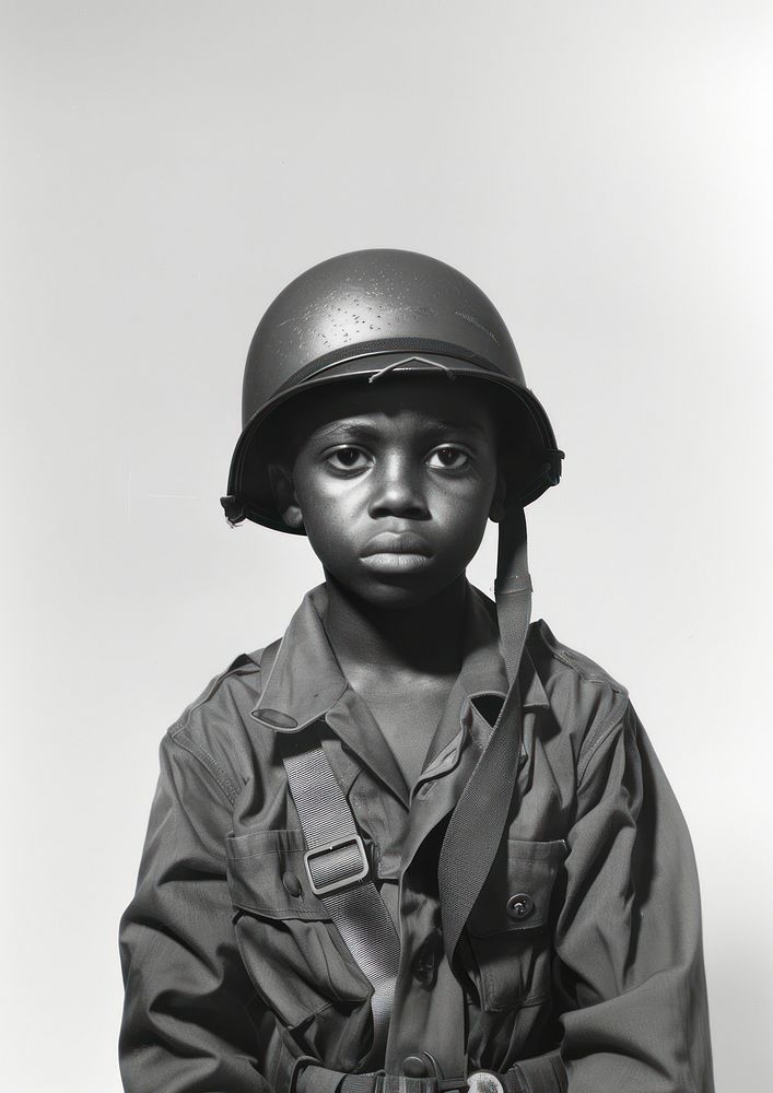 A black kid wearing solider unifrom photography portrait military.