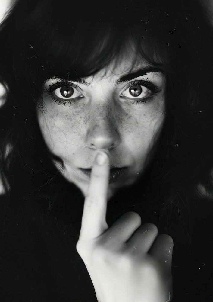A woman put her finger in front of her mouth as a symbol of silence photography portrait freckle.