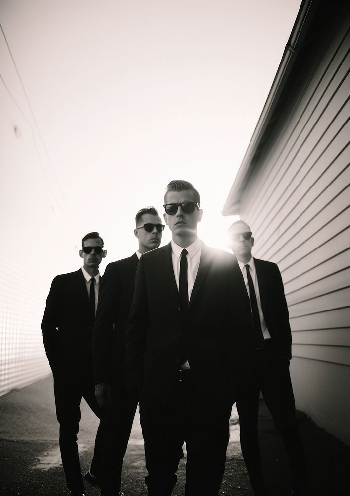 A four cool man wearing black suit and black sunglasses photography accessories accessory.