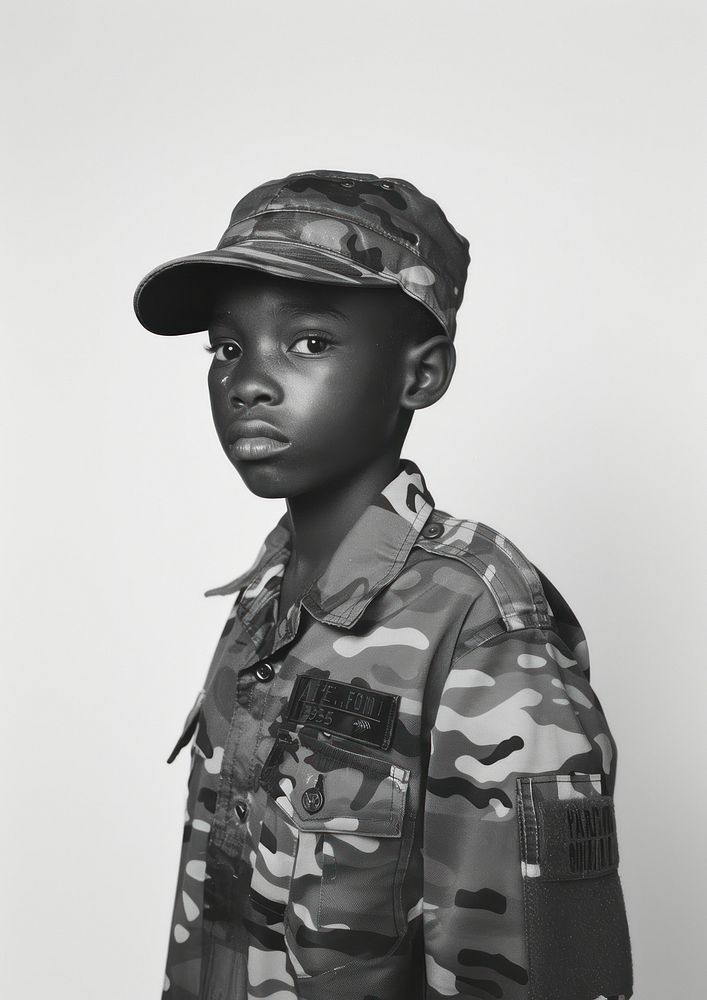 A black kid wearing solider unifrom photography military clothing.