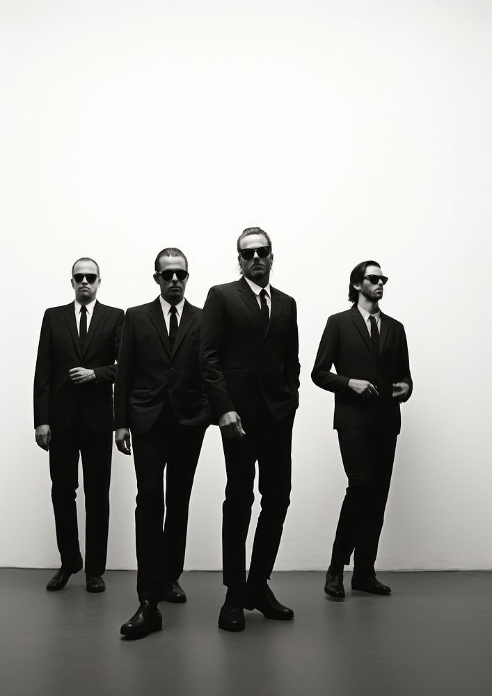 A four cool man wearing black suit and black sunglasses accessories groupshot accessory.
