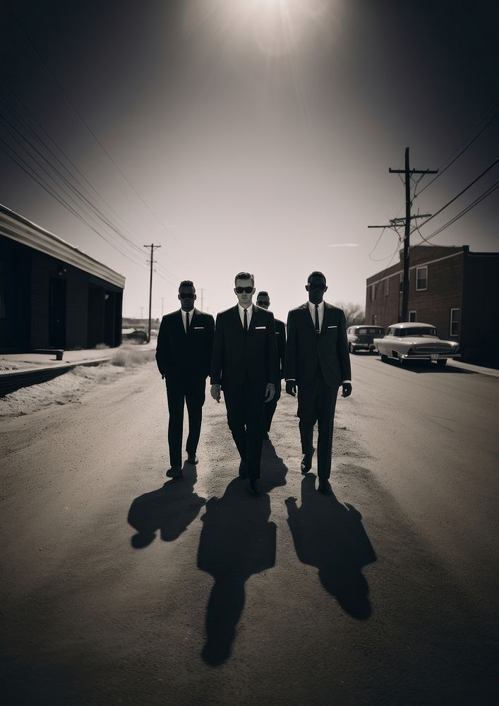 Four man wearing black suit and black sunglasses photography silhouette transportation.