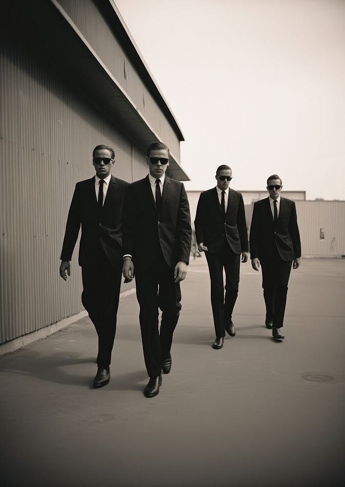 Four man wearing black suit and black sunglasses accessories groupshot accessory.