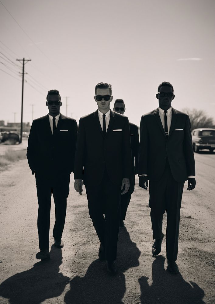 Four man wearing black suit and black sunglasses transportation accessories automobile.